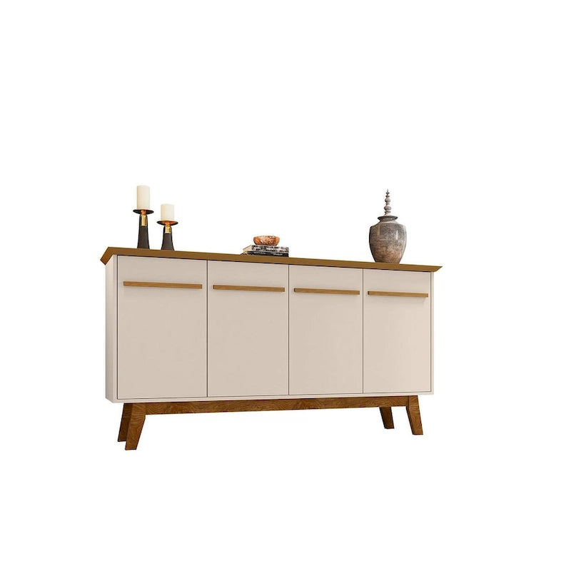 62.99 Buffet avec pieds en bois massif et 2 armoires, coloris blanc cassé et cannelle