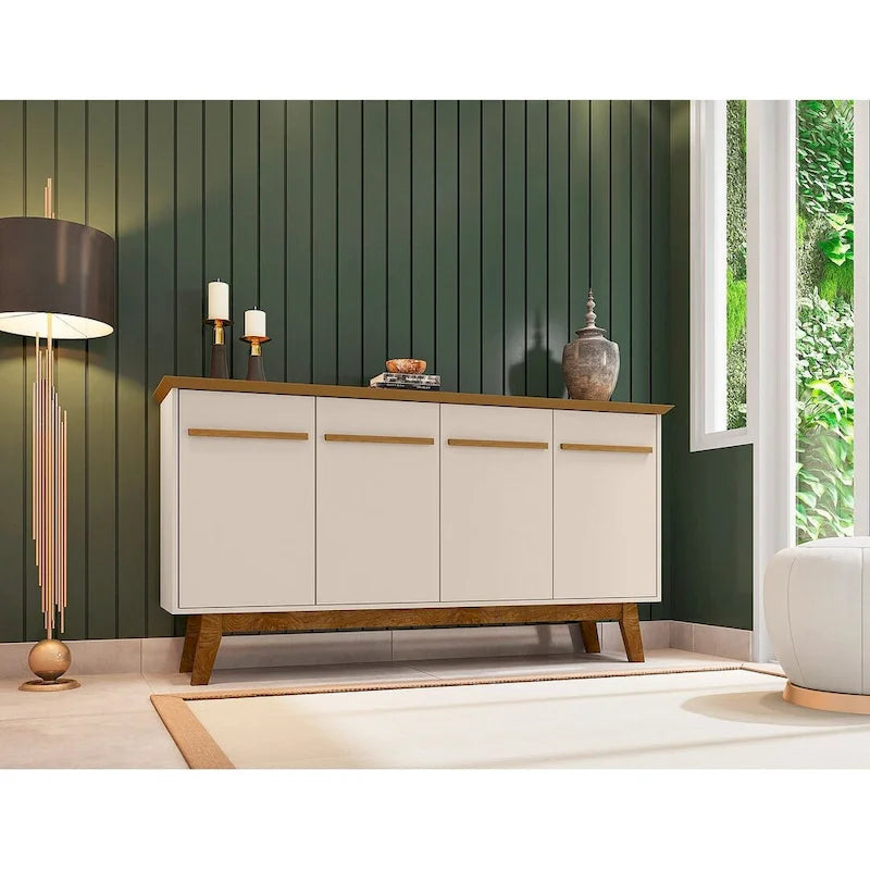 62.99 Buffet avec pieds en bois massif et 2 armoires, coloris blanc cassé et cannelle