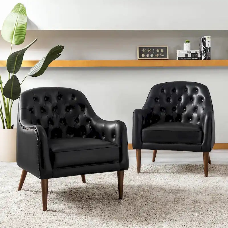 Fauteuil baquet classique en cuir véritable avec pieds en bois et dossier capitonné, lot de deux chaises.