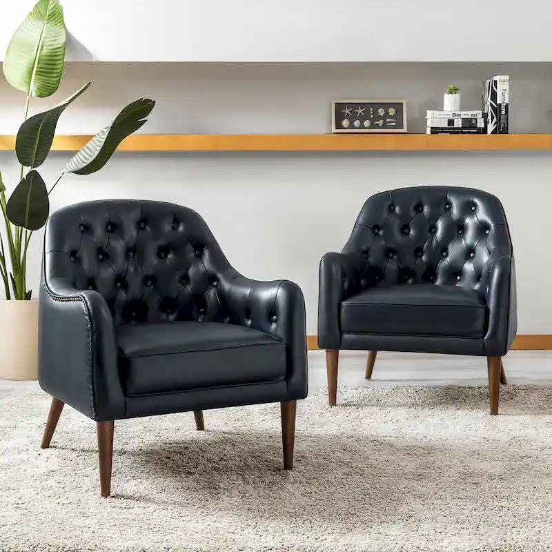 Fauteuil baquet classique en cuir véritable avec pieds en bois et dossier capitonné, lot de deux chaises.
