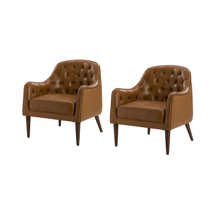 Fauteuil baquet classique en cuir véritable avec pieds en bois et dossier capitonné, lot de deux chaises.