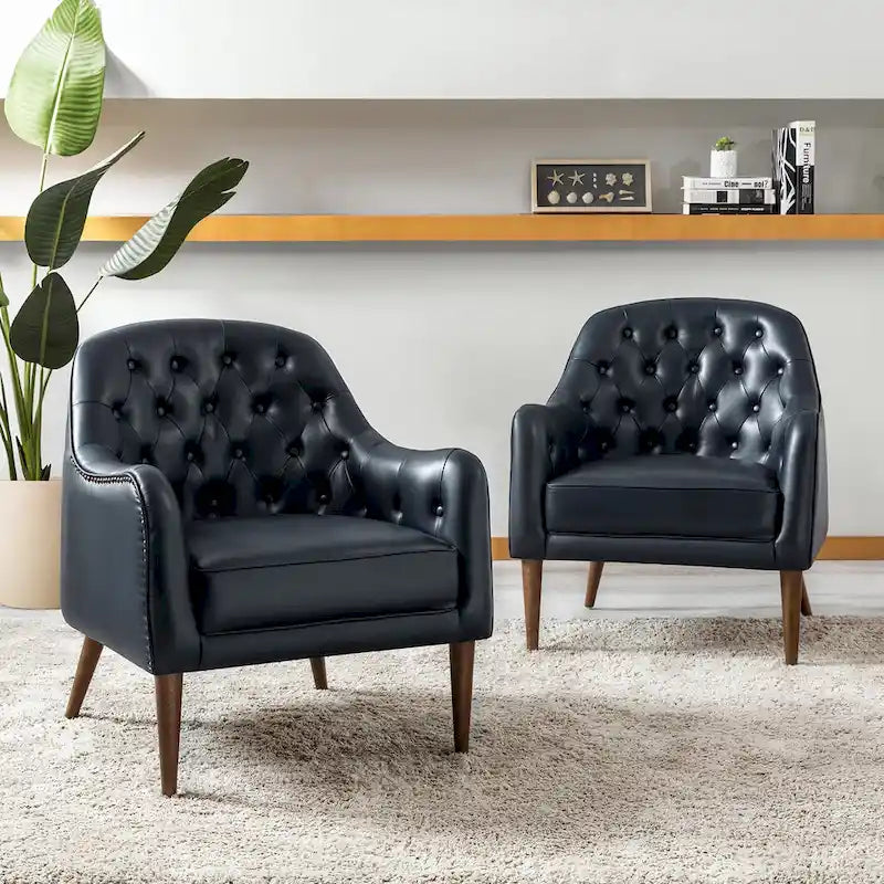 Fauteuil baquet classique en cuir véritable avec pieds en bois et dossier capitonné, lot de deux chaises.
