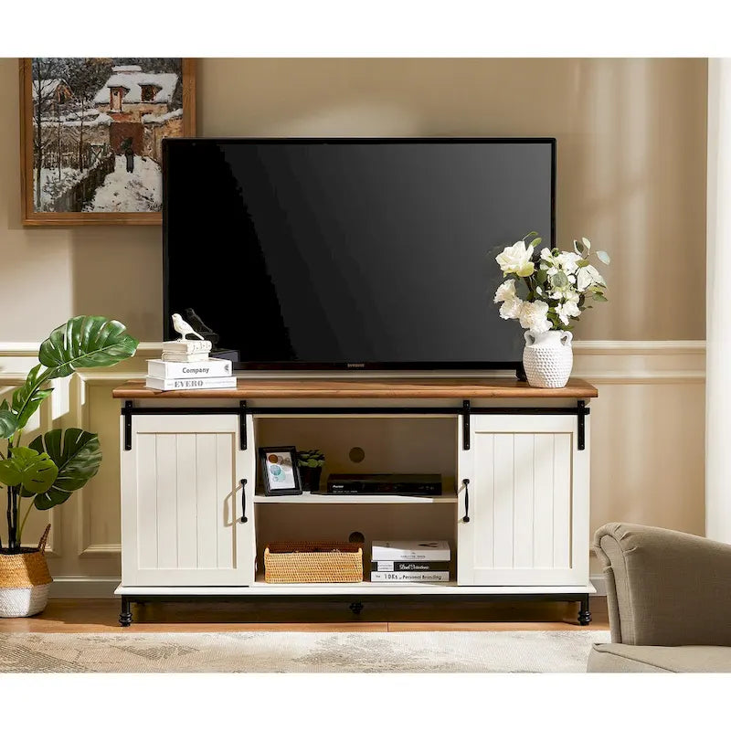 Meuble TV/unité de rangement/meuble multimédia de style ferme avec porte coulissante de grange, convient aux téléviseurs jusqu'à 65 pouces.