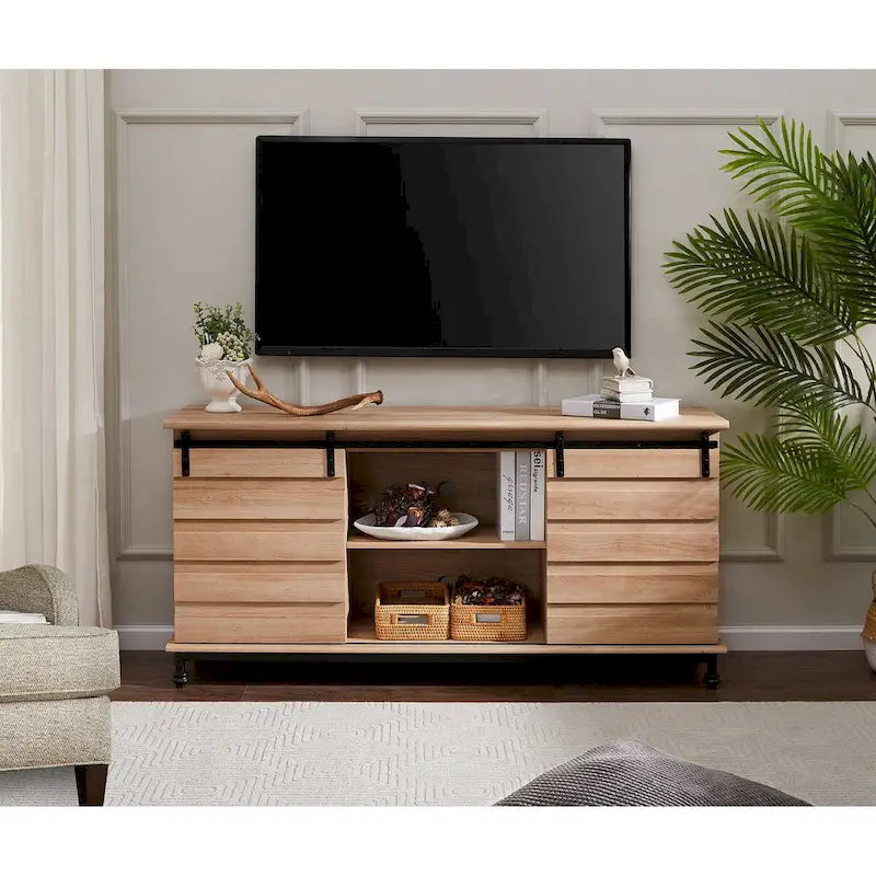 Meuble TV/unité de rangement/meuble multimédia de style ferme avec porte coulissante de grange, convient aux téléviseurs jusqu'à 65 pouces.