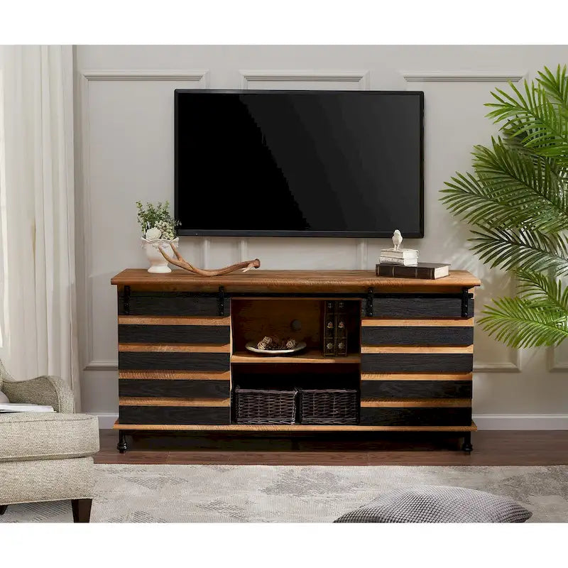 Meuble TV/unité de rangement/meuble multimédia de style ferme avec porte coulissante de grange, convient aux téléviseurs jusqu'à 65 pouces.