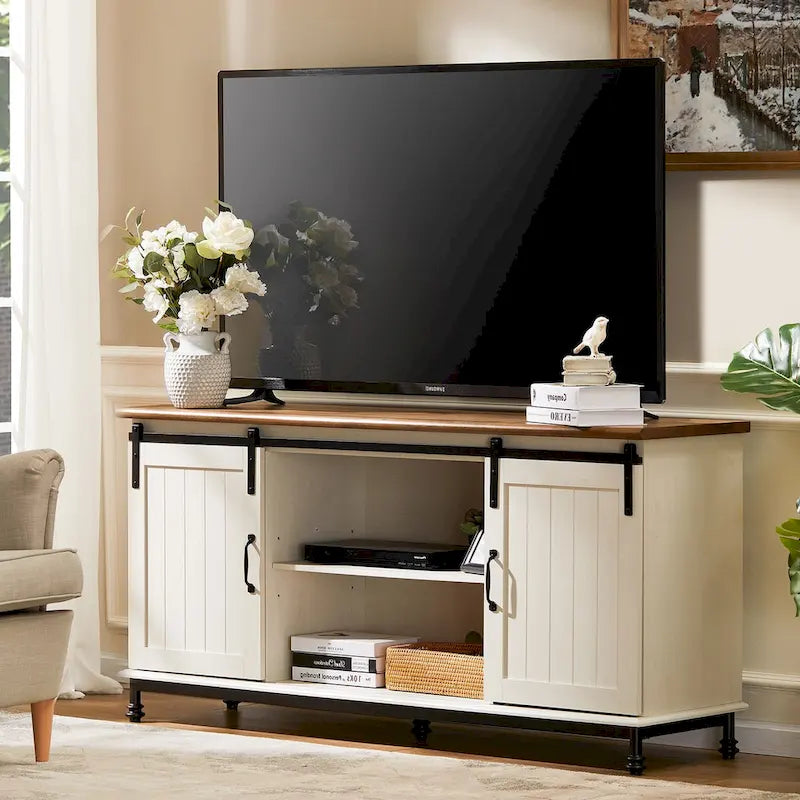 Meuble TV/unité de rangement/meuble multimédia de style ferme avec porte coulissante de grange, convient aux téléviseurs jusqu'à 65 pouces.