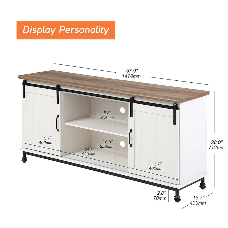 Meuble TV/unité de rangement/meuble multimédia de style ferme avec porte coulissante de grange, convient aux téléviseurs jusqu'à 65 pouces.