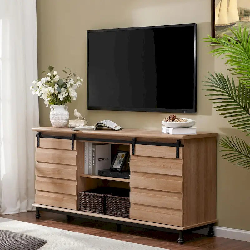 Meuble TV/unité de rangement/meuble multimédia de style ferme avec porte coulissante de grange, convient aux téléviseurs jusqu'à 65 pouces.