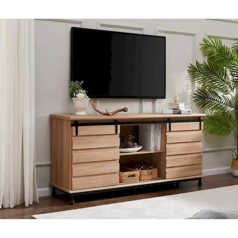 Meuble TV/unité de rangement/meuble multimédia de style ferme avec porte coulissante de grange, convient aux téléviseurs jusqu'à 65 pouces.