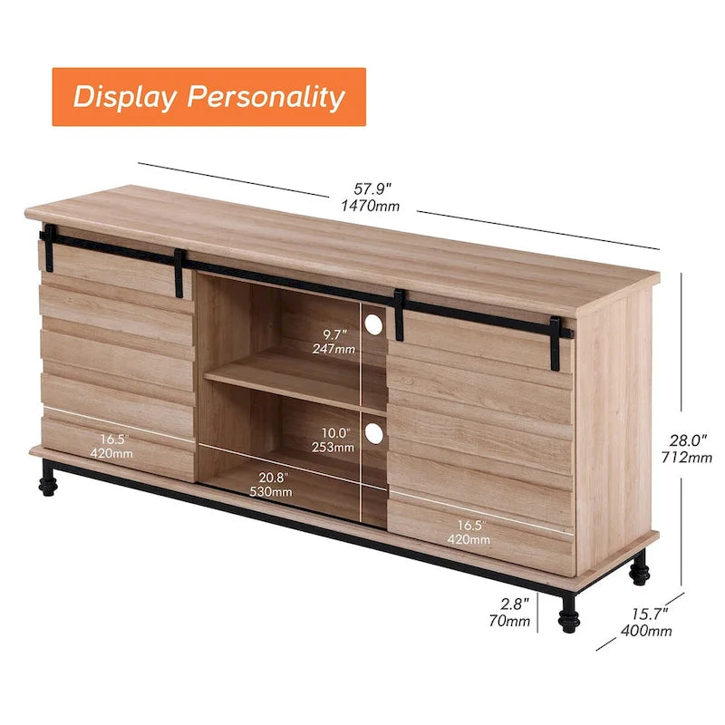 Meuble TV/unité de rangement/meuble multimédia de style ferme avec porte coulissante de grange, convient aux téléviseurs jusqu'à 65 pouces.