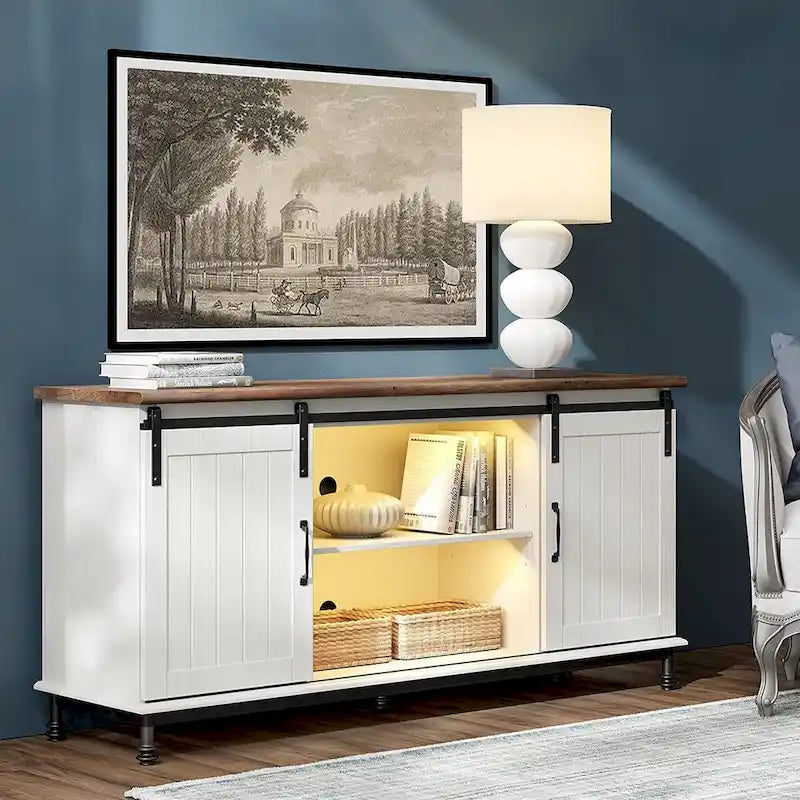 Meuble TV/unité de rangement/meuble multimédia de style ferme avec porte coulissante de grange, convient aux téléviseurs jusqu'à 65 pouces.