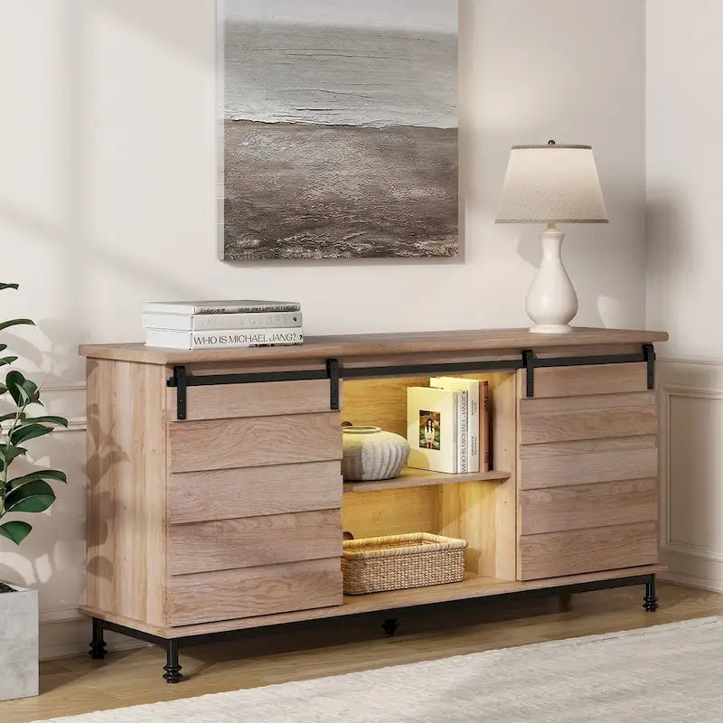 Meuble TV/unité de rangement/meuble multimédia de style ferme avec porte coulissante de grange, convient aux téléviseurs jusqu'à 65 pouces.