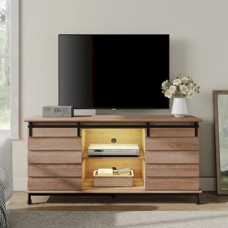 Meuble TV/unité de rangement/meuble multimédia de style ferme avec porte coulissante de grange, convient aux téléviseurs jusqu'à 65 pouces.