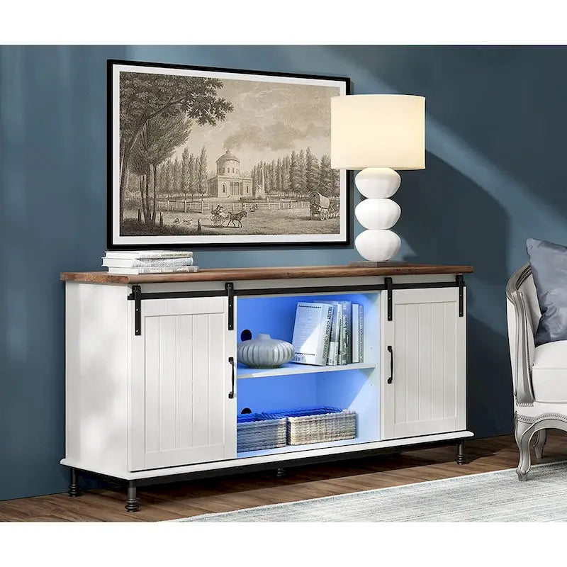 Meuble TV/unité de rangement/meuble multimédia de style ferme avec porte coulissante de grange, convient aux téléviseurs jusqu'à 65 pouces.