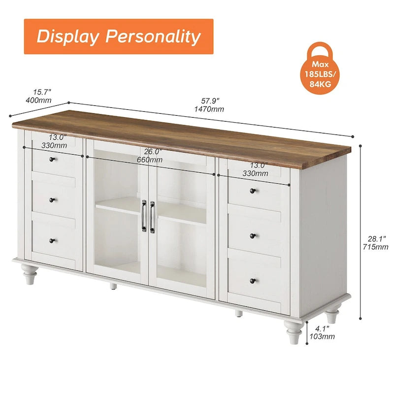 Meuble TV/unité de rangement/meuble multimédia de style ferme avec porte coulissante de grange, convient aux téléviseurs jusqu'à 65 pouces.