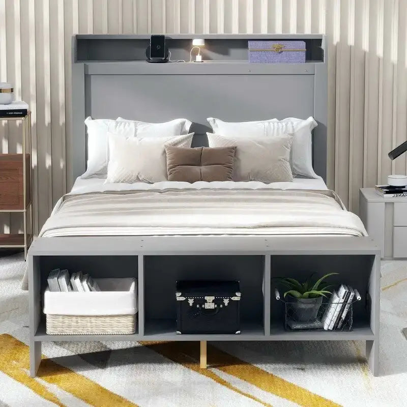 Lit plateforme avec étagères intégrées, lumières LED et ports USB, taille double/simple