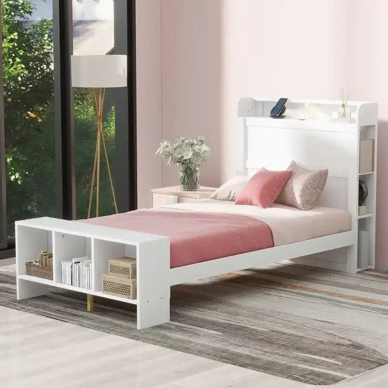 Lit plateforme avec étagères intégrées, lumières LED et ports USB, taille double/simple