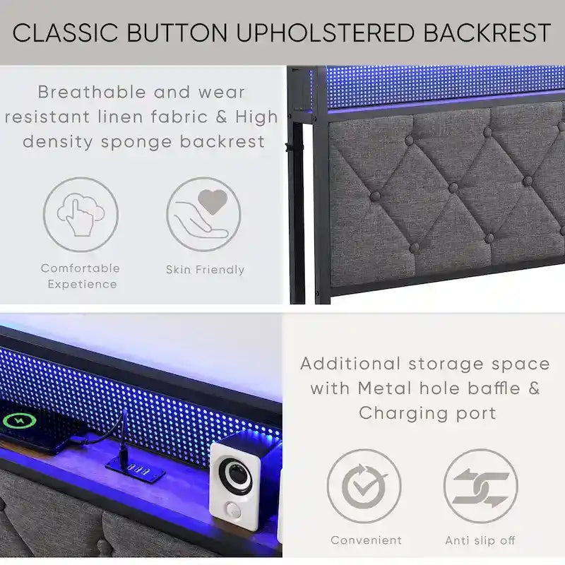 Lit plate-forme avec tête de lit de rangement, station de charge et lumières LED