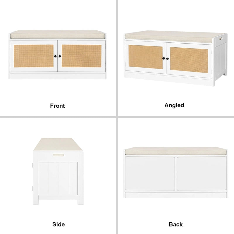 Ce banc à chaussures blanc pour entrée (avec coussin et étagère réglable) — 101 cm L x 40 cm P x 46 cm H