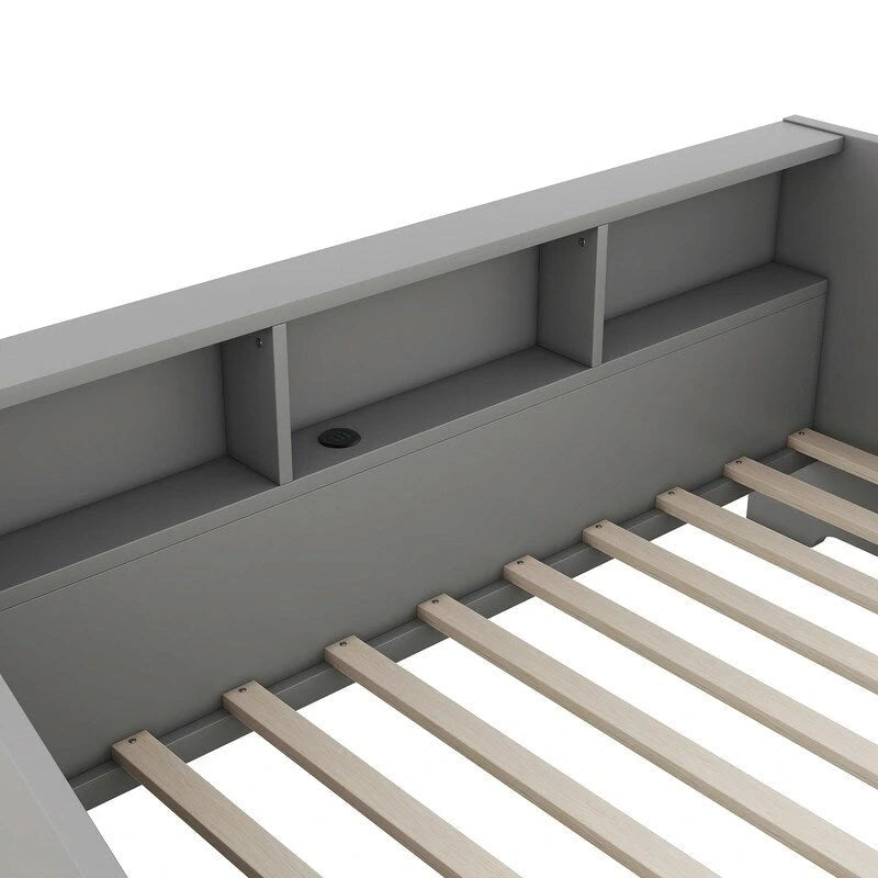 Cadre de lit de repos double à très grand lit avec bibliothèques de rangement et deux tiroirs, conception de chargement