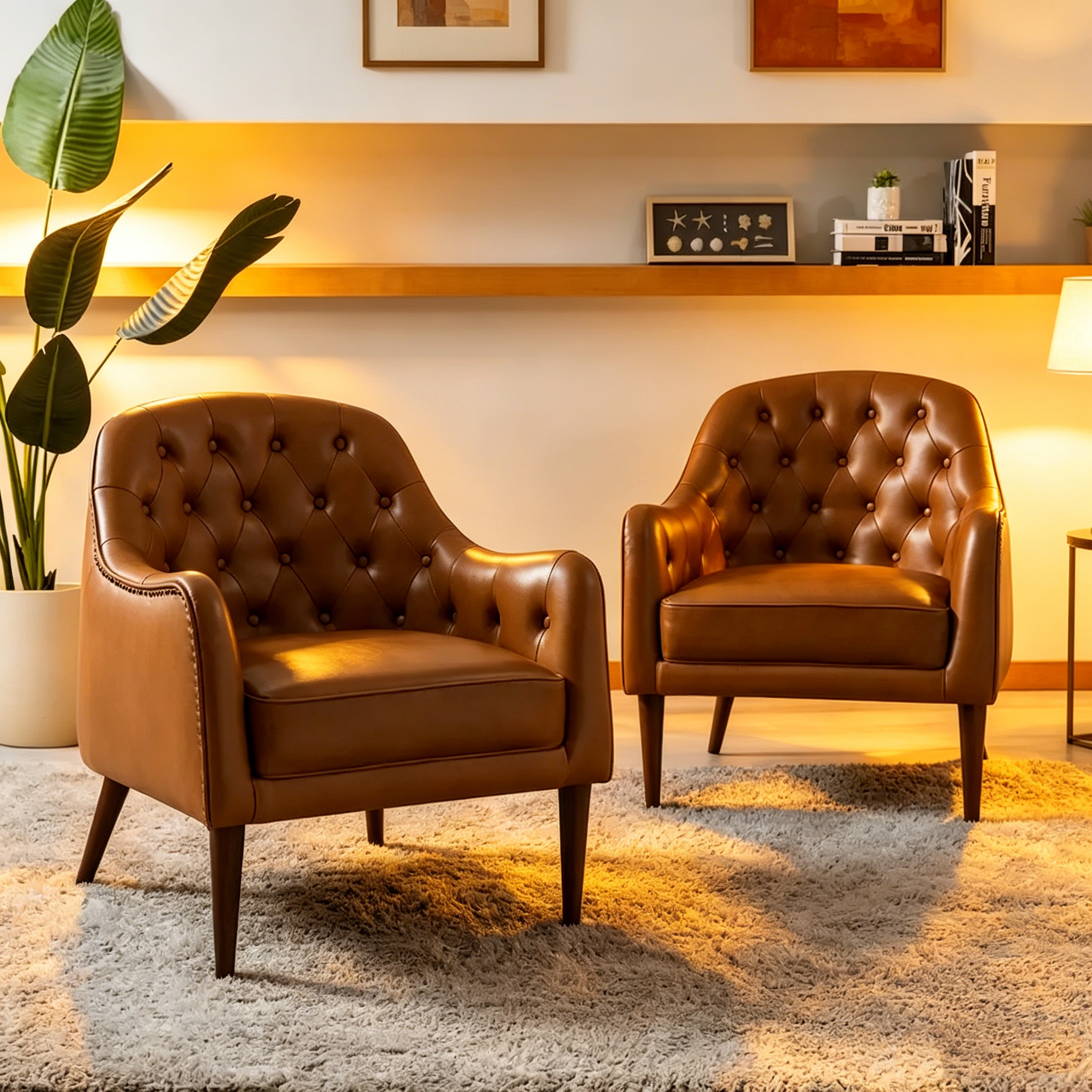 Fauteuil baquet classique en cuir véritable avec pieds en bois et dossier capitonné, lot de deux chaises.